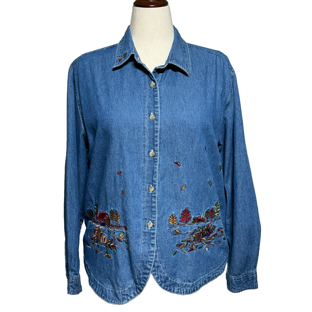 Vintage Just My Size Top Womens 18-20W Blue Denim Chambray Embroidered Leaves‎